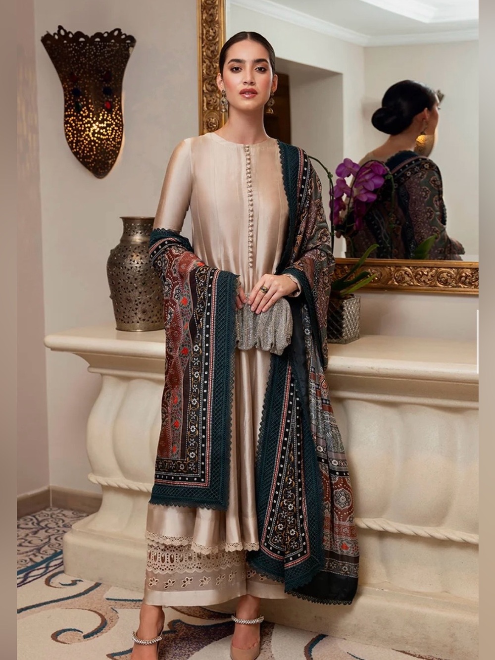 Cream Long Sleeve Satin Dress with Multi-Color Printed Shawl